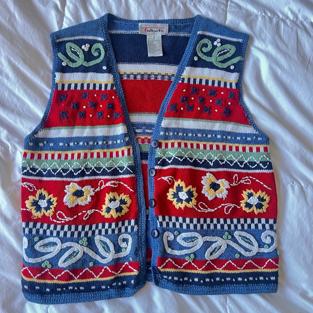 y2k Multicolor Knit Vest with Floral Accents